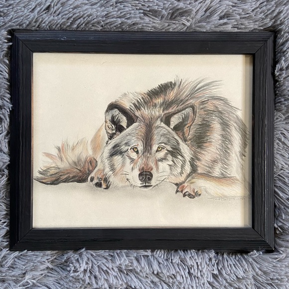 Other - Framed Colored Pencil Wolf Drawing